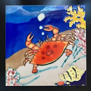 Large Hand Glazed Ceramic Crab Art Tile Coastal Sea Life Beach Ocean Wall Decor